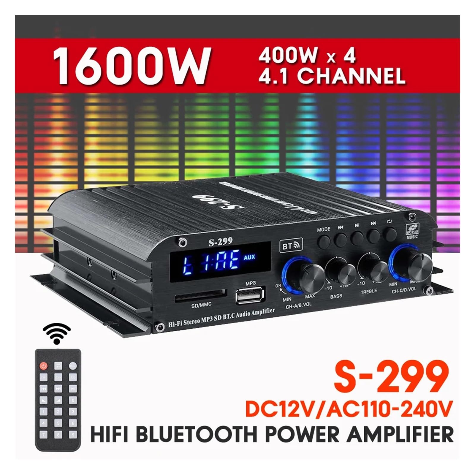 S-299 4 * 400W Mini wzmacniacz mocy Domowy samochód Bluetooth bezprzewodowy wzmacniacz USB/SD AUX,Dokładna reprodukcja
