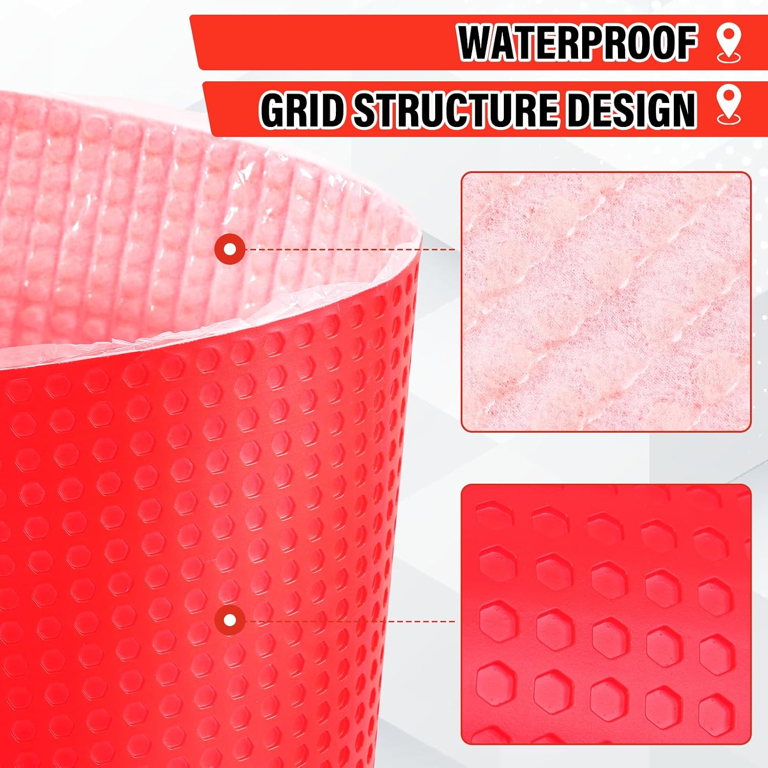 Drydiet Uncoupling Membrane for Tile Floor Self-Adhesive Tile 1/8''(3.3mm) Uncoupling Membrane Waterproof Crack Prevention Anti Fracture Floor Underlayment for Bathroom Kitchen(54sqft,Red)