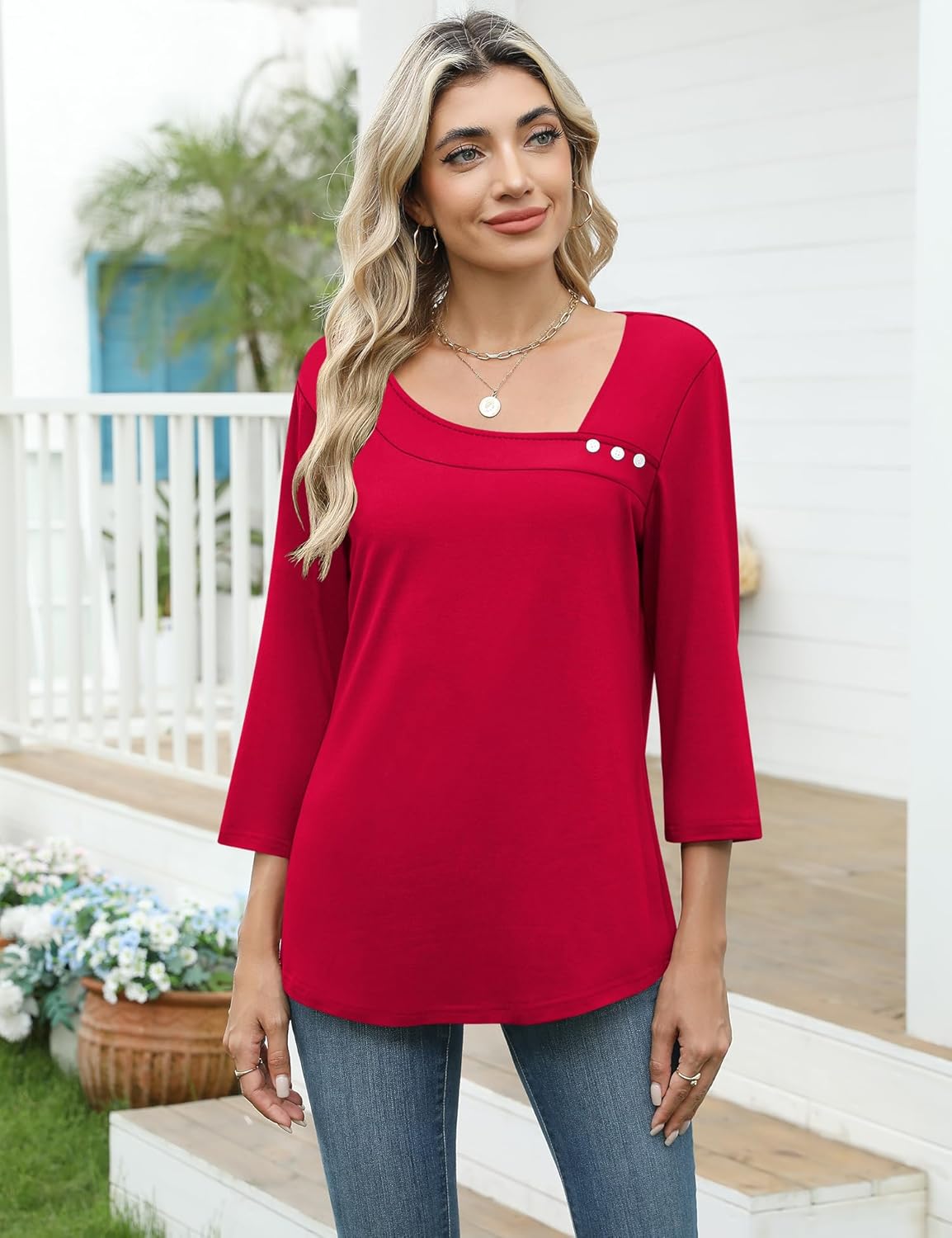 LOMON Womens 3/4 Length Sleeve T Shirts Asymmetrical Neck Tops Business Blouses for Women Fashion 2026 - Image 2