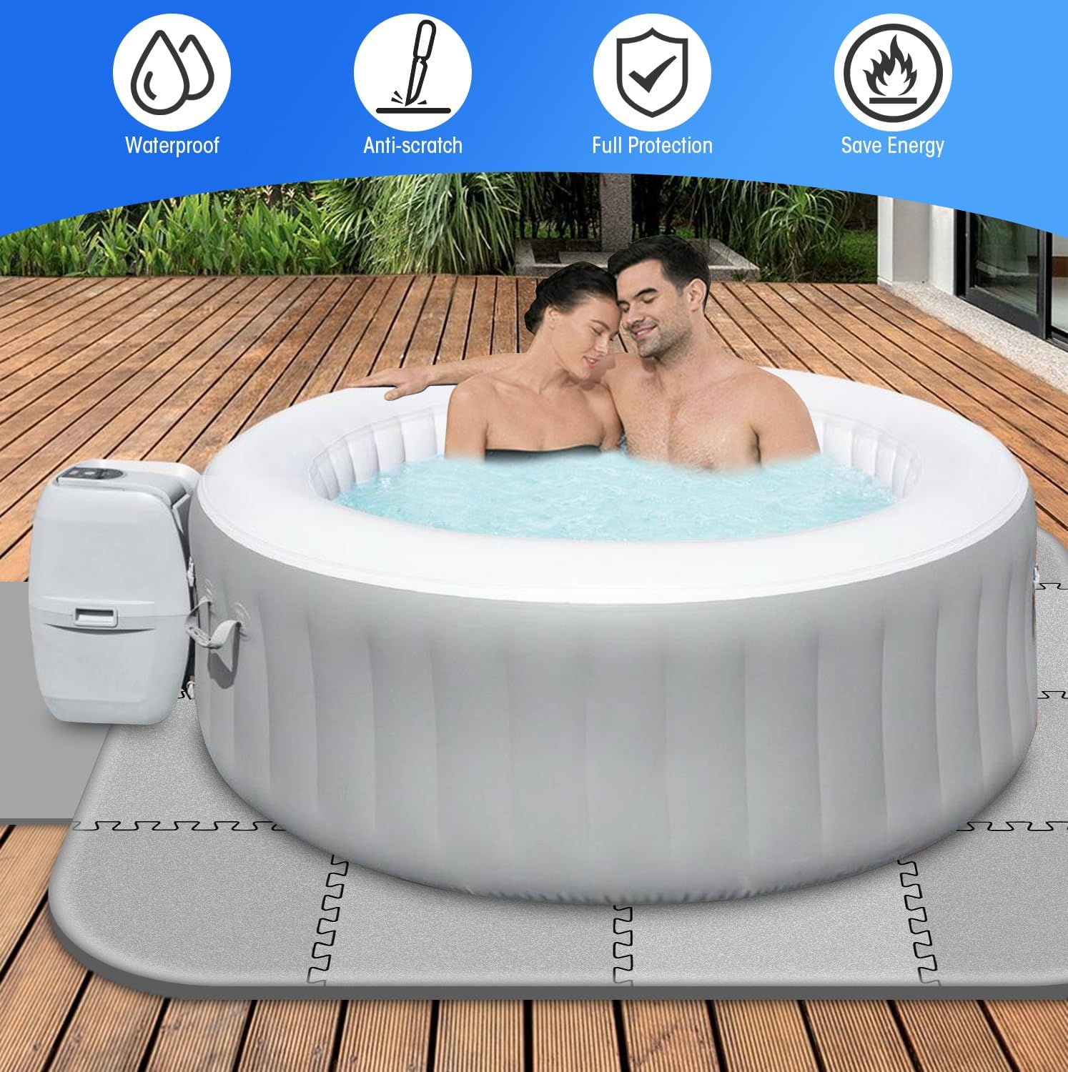 Winceed 85 inch Hot Tub Mat, 9mm Thickness Inflatable Hot Tub Protective Pad Outdoor Indoor, Absorbent Spa Pool Flooring Protector Pad, EVA Foam Padding for Portable Round/Square Hot Tubs (Grey)