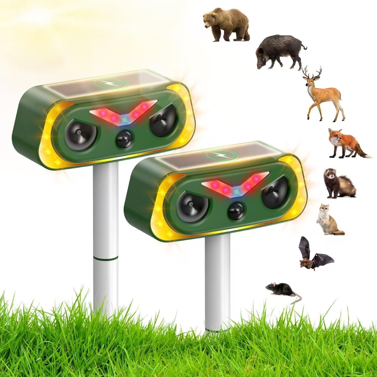 Katzenschreck, Ultraschall Dualer Solar Eule 2 Modus Tiervertreiber IP68 Marderschreck mit LED Bewegungsmelder zur Abwehr von Katzen Mardern und Hunden vertreiben Garten, 2 Stück
