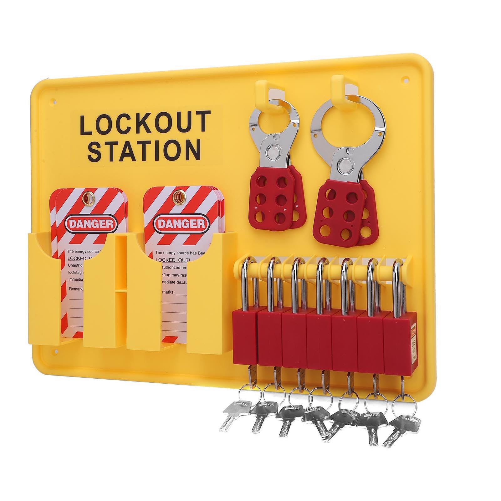 Kit de Estación de Bloqueo y Etiquetado, Tablero de Seguridad Duradero Amarillo para Mantenimiento Industrial con 7 Candados, 10 Etiquetas, 2 Cerrojos