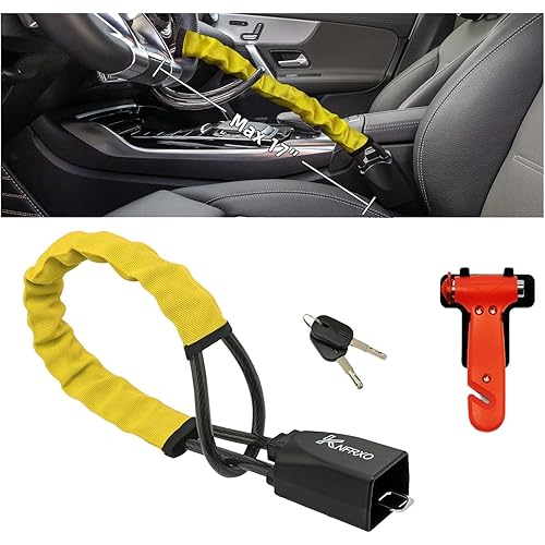 KNFRXO Steering Wheel Lock Seat Belt Lock with 2 Key and 1 Window Hammer Anti Theft Car Device Universal Car Seat Belt Security Lock Car Lock Fit Most Vehicles Truck SUV Van Golf Car(Yellow)