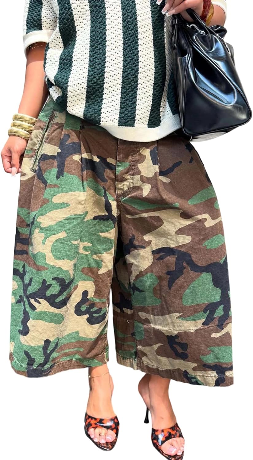 Women's Camo Cargo Jeans Baggy Wide Leg High Waist Capris Camouflage Trousers Army Fatigue Boyfriend Denim Pants