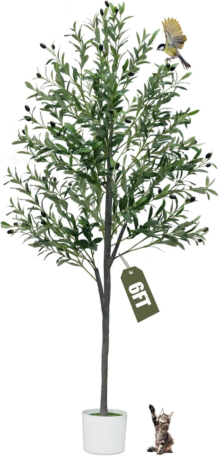 6FT Artificial Olive Tree,Artificial Plants Indoor,Faux Olive Tree Indoor with Natural Wood Trunk and Realistic Leaves and Fruits for Home Office Decor
