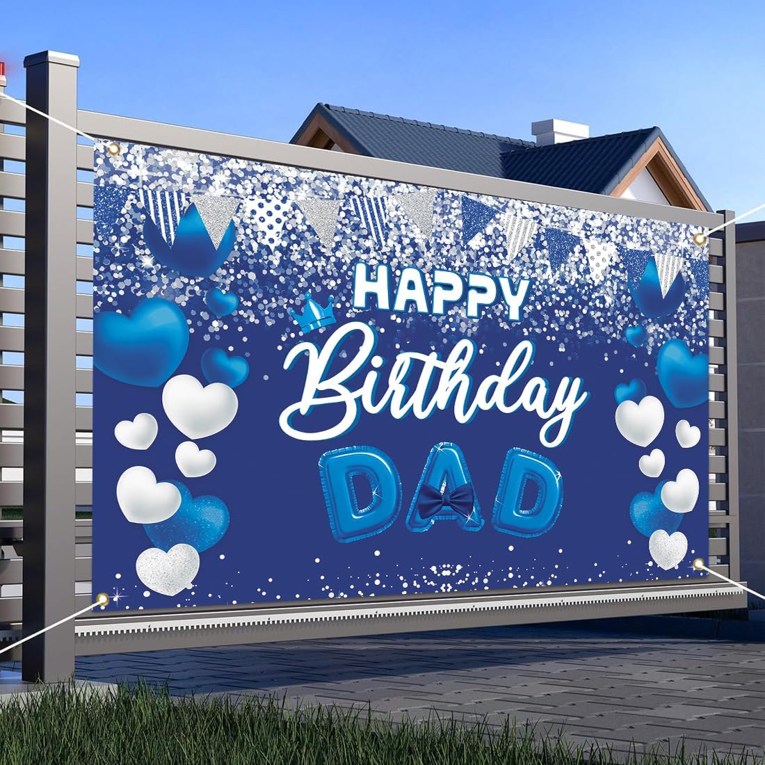 Happy Birthday Dad Decorations Banner Backdrop Daddy Blue Glitter image 4