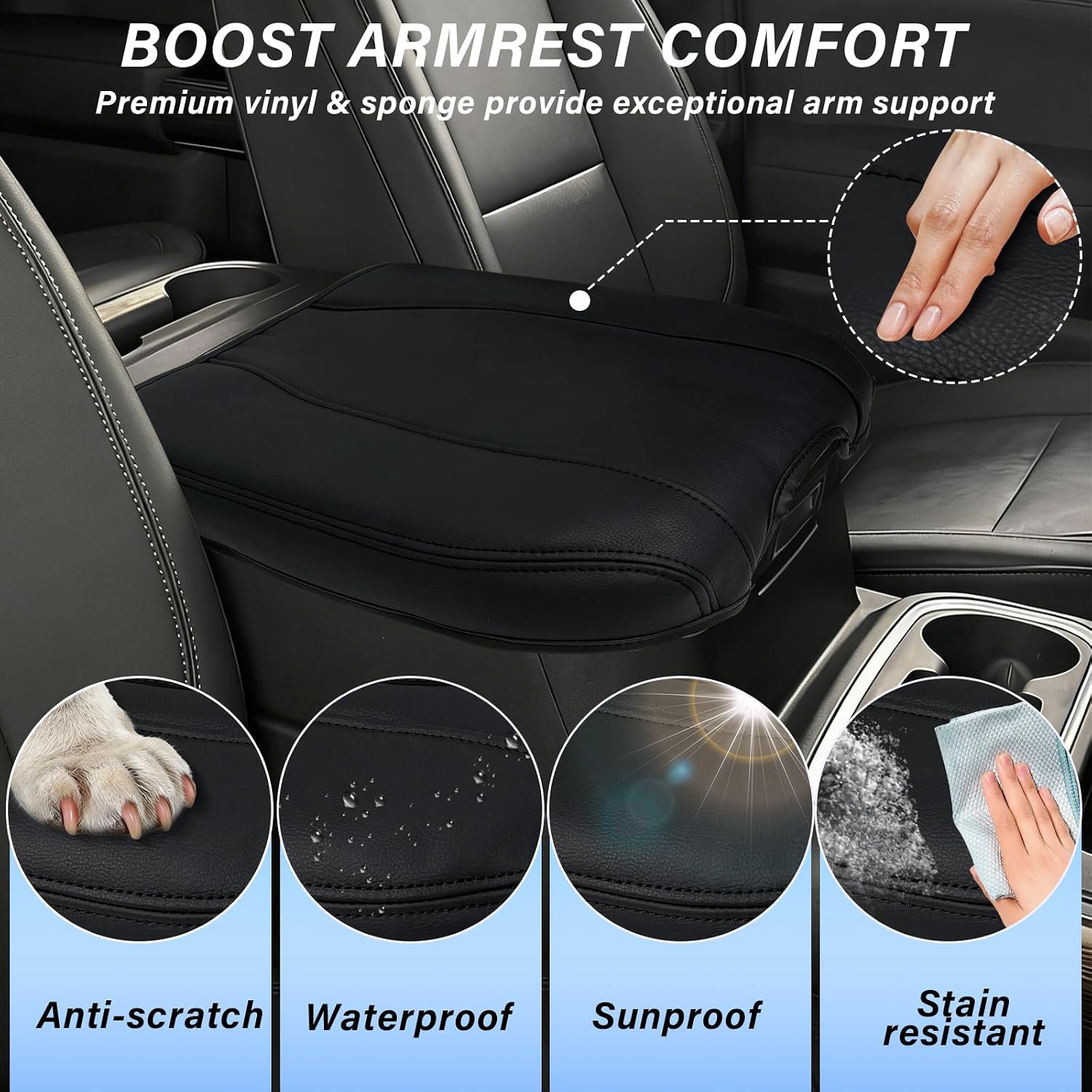 Center Console Armrest Cover Compatible with GMC Sierra Chevy Silverado 2019-2026, Tahoe Yukon Suburban 2021-2026, Scratch Resistant Vinyl Leather, Black (Black - Covered)