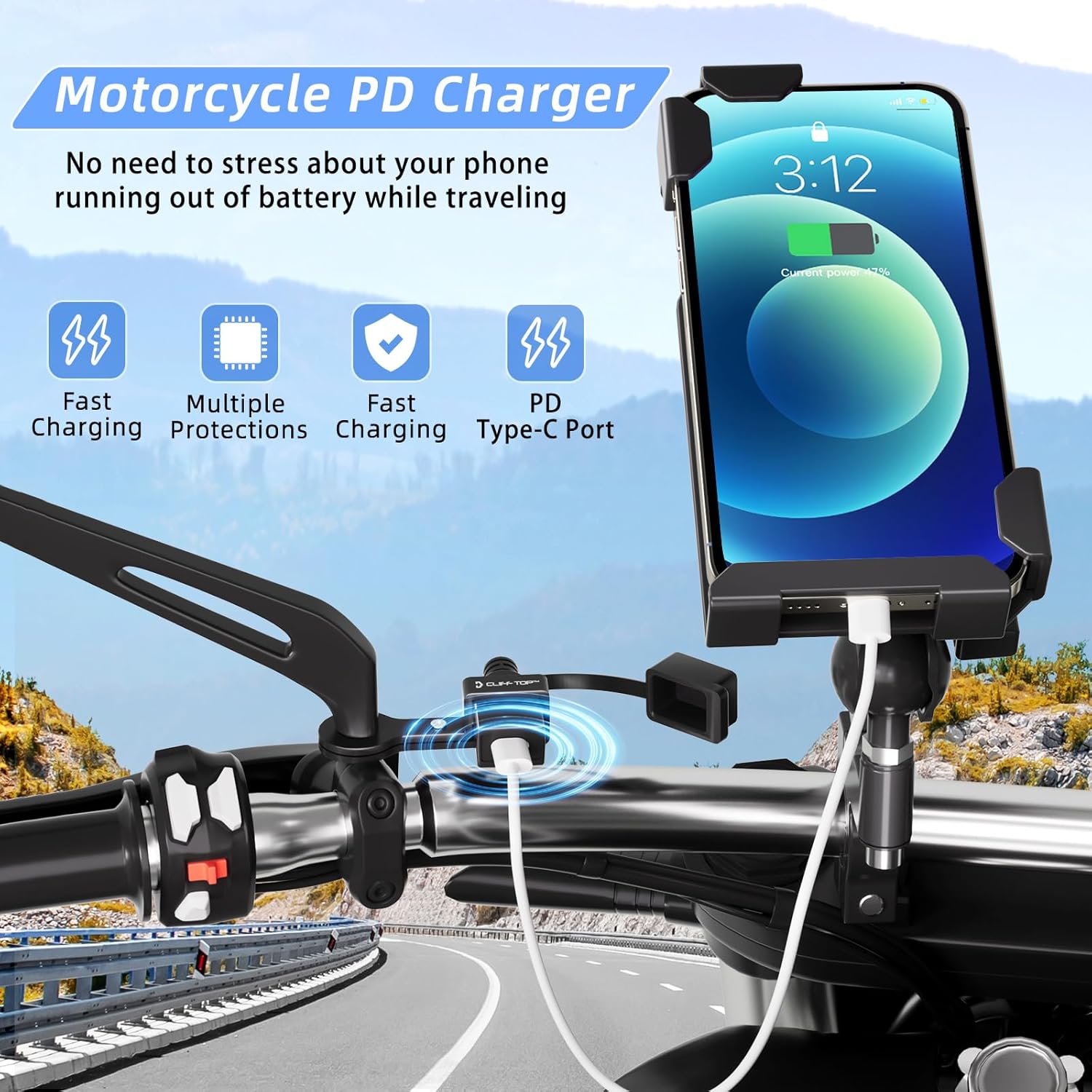 Cliff Top Waterproof Motorcycle USB Charger, 18W PD Type-C Quick Charge, SAE to USB-C Connector, with 10mm Rear View Mirror Mount for Motorbike Phone Charging