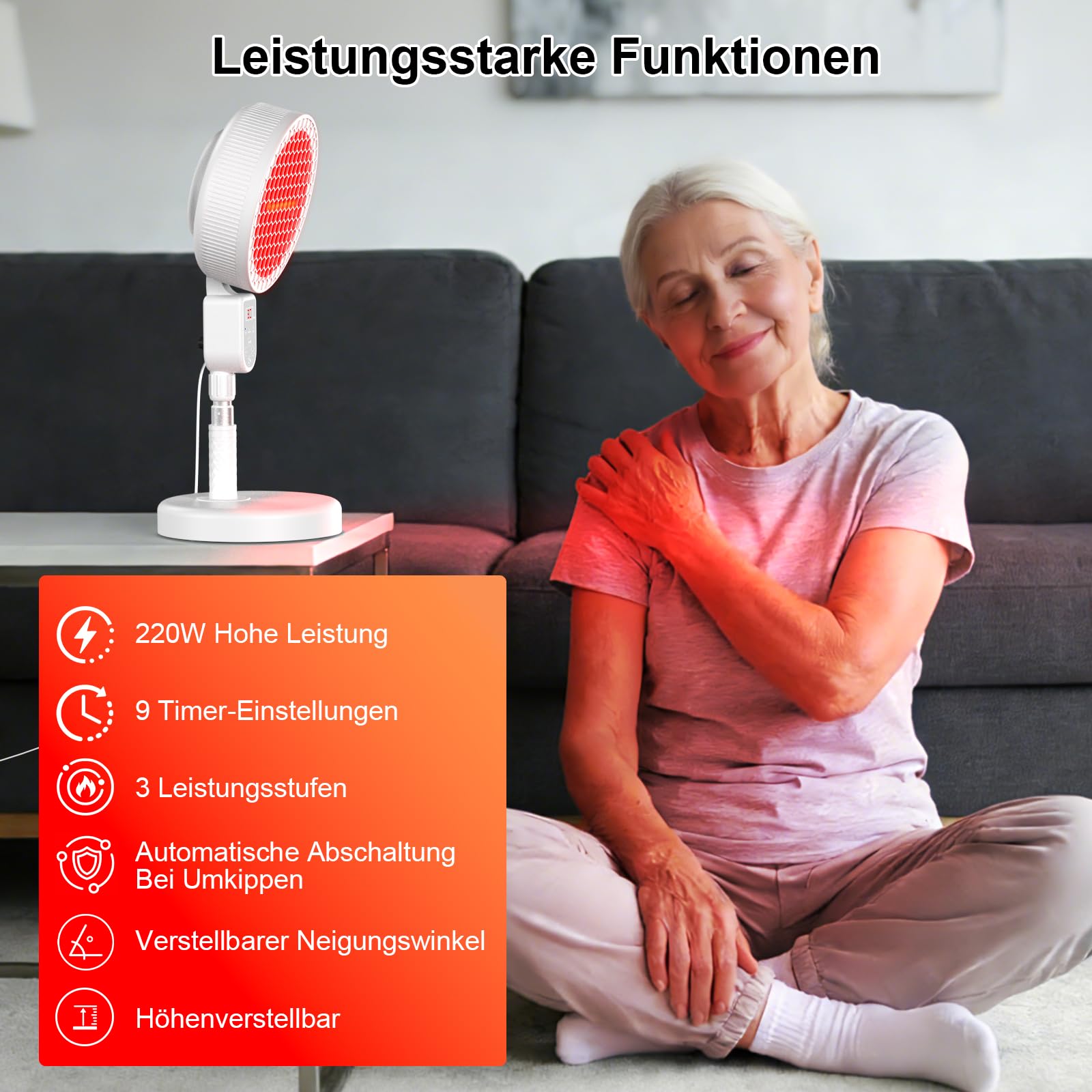 Rotlichtlampe, 220W Infrarotlampe Teleskopisch Verstellbar, mit 3 Leistungsstufen, 10–90 Minuten Timer, Automatischer Abschaltfunktion, Verstellbarem Winkel für Den Heimgebrauch