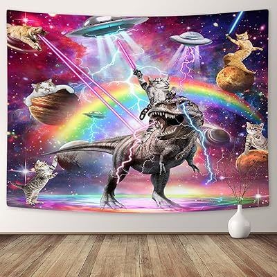 Dinosaur Throw for Boys, Kids Dino Throw Blanket for Boys and Girls, Cool Cat Riding Dinosaur in Fantasy Galaxy Hilarious Fleece Blankets with Vibrant Colors, Soft and Warm Throw Blanket 50x60 Inches
