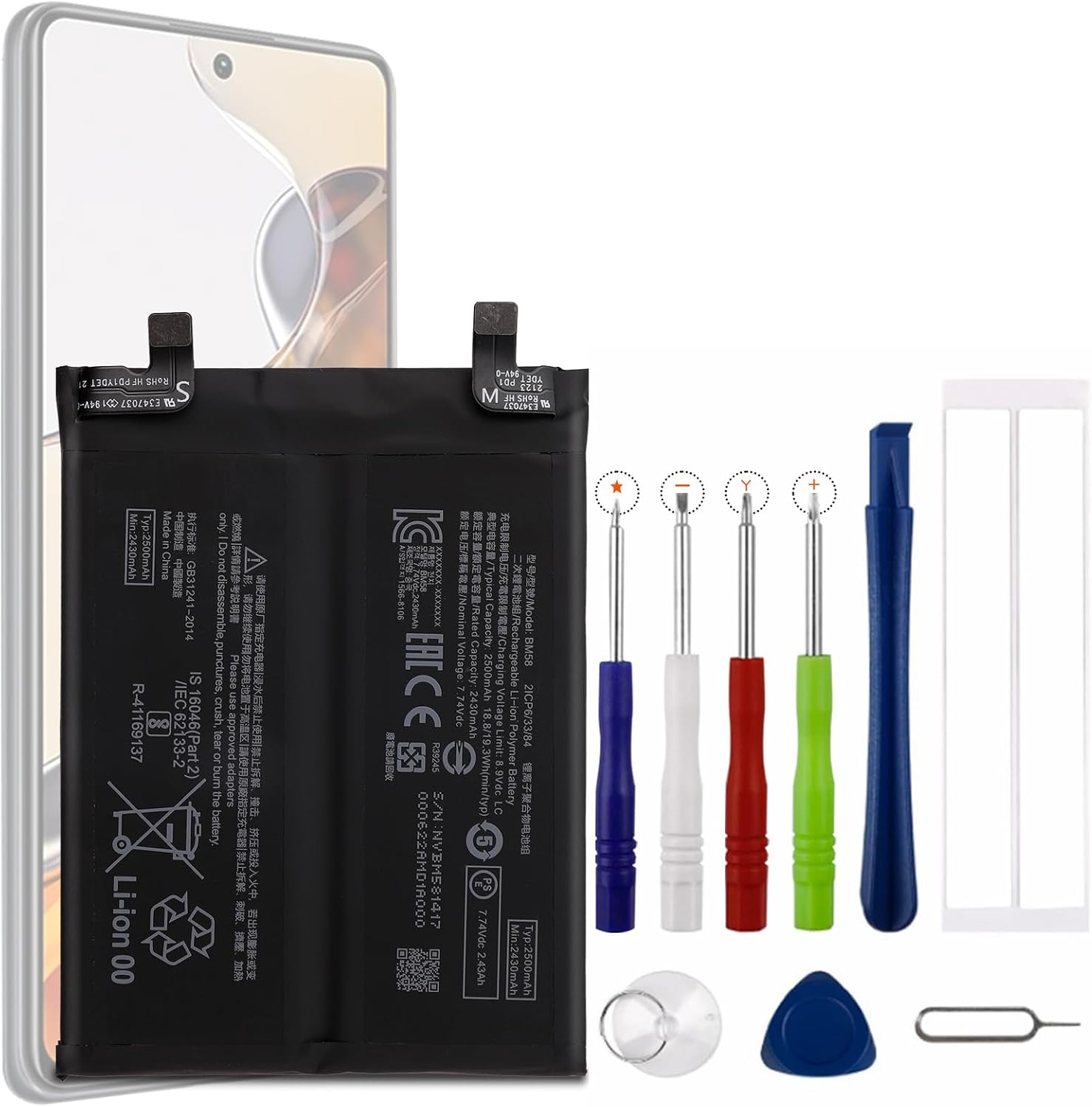 Ellenne Batterie Compatible Avec Xiaomi Redmi Note 9S MI BN55 5020 MAh Haute Capacité Avec Kit De Démontage Inclus