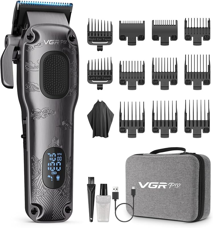 VGRPRO Máquina de Cortar Pelo Hombre Profesional, cortapelos hombre inalámbrico con estuche, kit para casa & barbería, pantalla LED, regalo hombre (Gris)