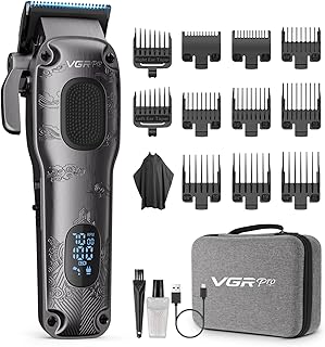 VGRPRO Máquina de Cortar Pelo Hombre Profesional, cortapelos hombre inalámbrico con estuche, kit para casa & barbería, pantalla LED, regalo hombre (Gris)