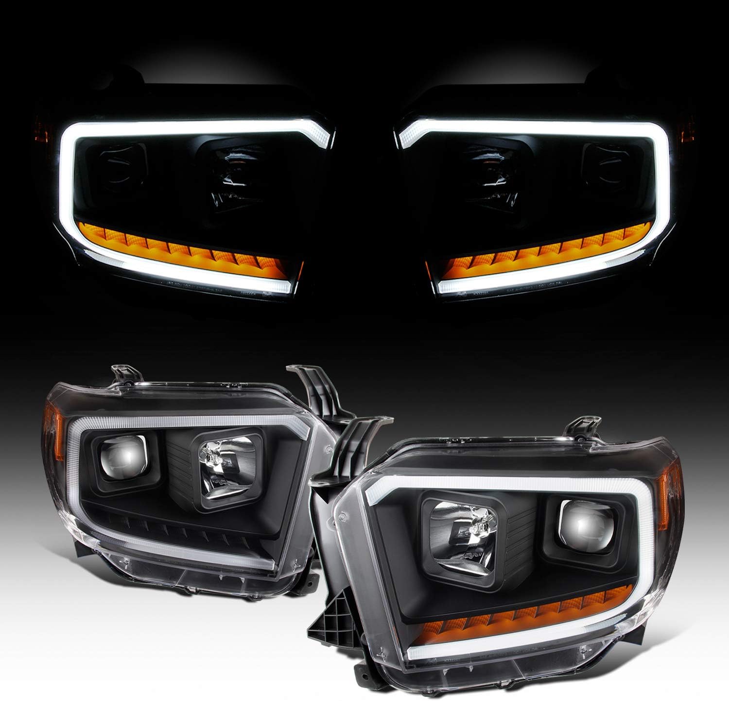 AKKON - For 2014 2015 2016 2017 2018 2019 2020 2021 Toyota Tundra Light Tube Projector Black Headlights Headlamps Set