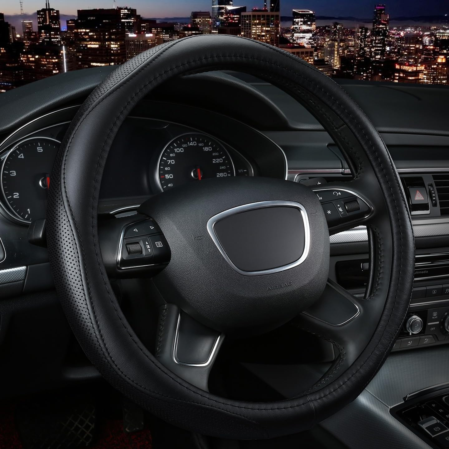 KAFEEK 15 Inch Steering Wheel Cover Microfiber Leather Anti-Slip Odorless Black Lines Universal Comfort Grip