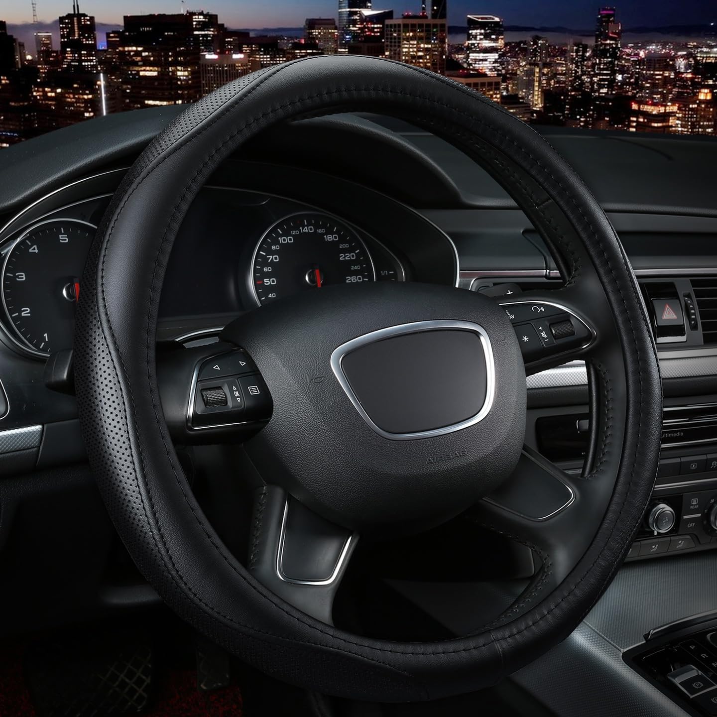 KAFEEK Steering Wheel Cover, Universal 15 inch, Microfiber Leather, Anti-Slip, Odorless, Black Lines