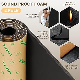 2 Pack High Density Acoustic Foam Self Adhesive 1 x 12 x 72 Inch 10mm Thick 11.6 Sq ft Soundproof Padding Fireproof and Water Resistant Acoustic Foam