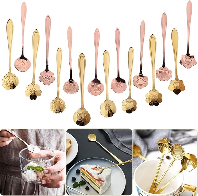 Flower Spoon Coffee Teaspoon Set,DBAILY 16pcs Stainless Steel Tea Spoon Dessert Spoon Cute Demitasse Scoop Stirring Spoon for Sugar Jam Dessert Cake Espresso Demitasse Ice Cream(Gold, Rose Gold)