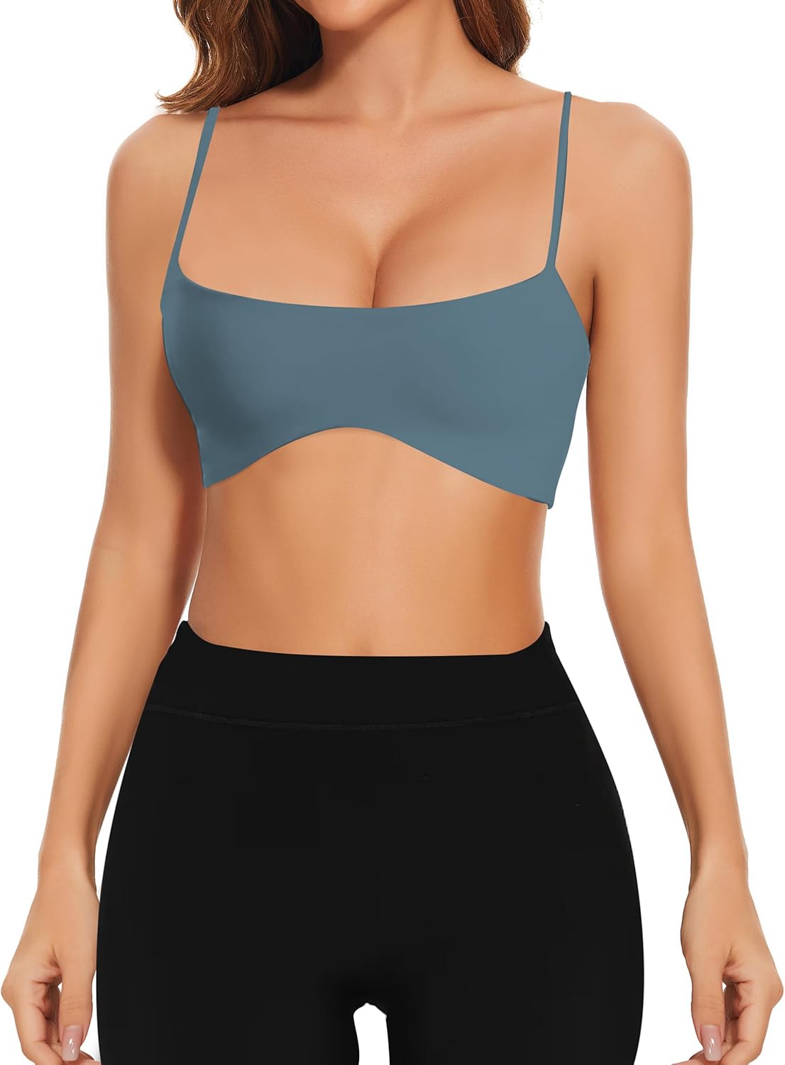 Meladyan Women Sports Bra Scoop Neck Spaghetti Strap Bralette Crop Cami Top Backless Curve