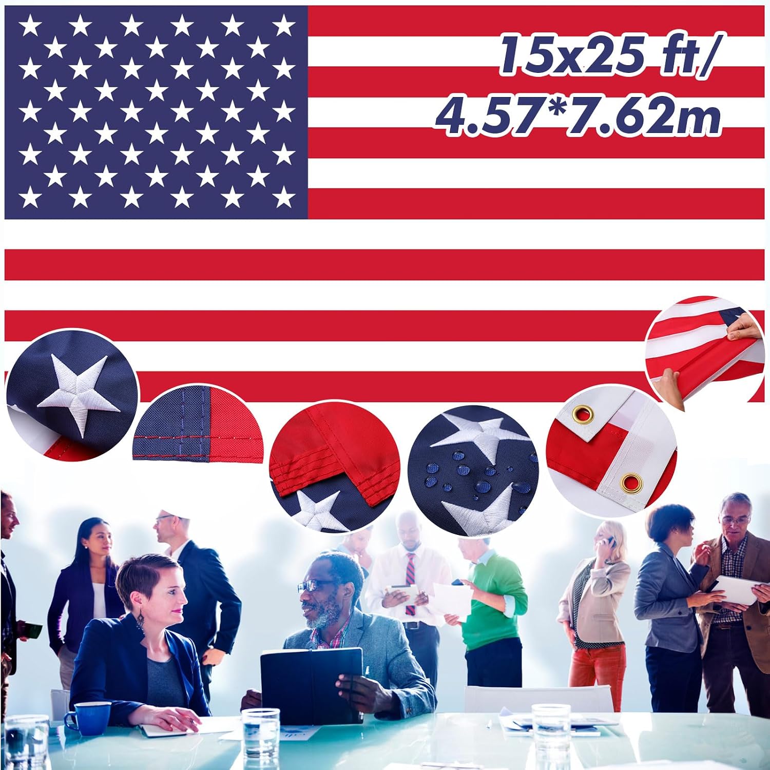 Tradder Large American Flag Outsides 15 x 25 ft Heavy Duty Waterproof USA Flag with Embroidered Stars Sewn Stripes Brass Grommets for Outdoor Indoor, Veterans Day, Independence Day