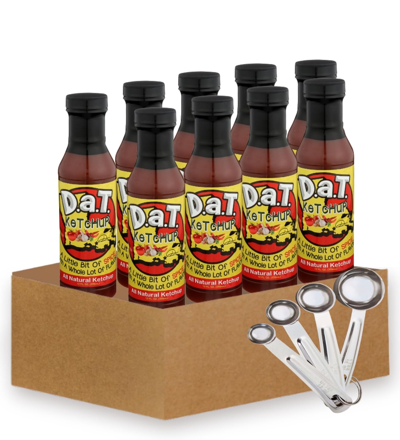 9x Dat Sauce Ketchup 12 OZ Bundle with Stainless Steel Silver Measuring Spoon Set – Ideal Balance of Heat and Flavor, Dipping, Cooking & Mixing – Gift Set (10 Items)
