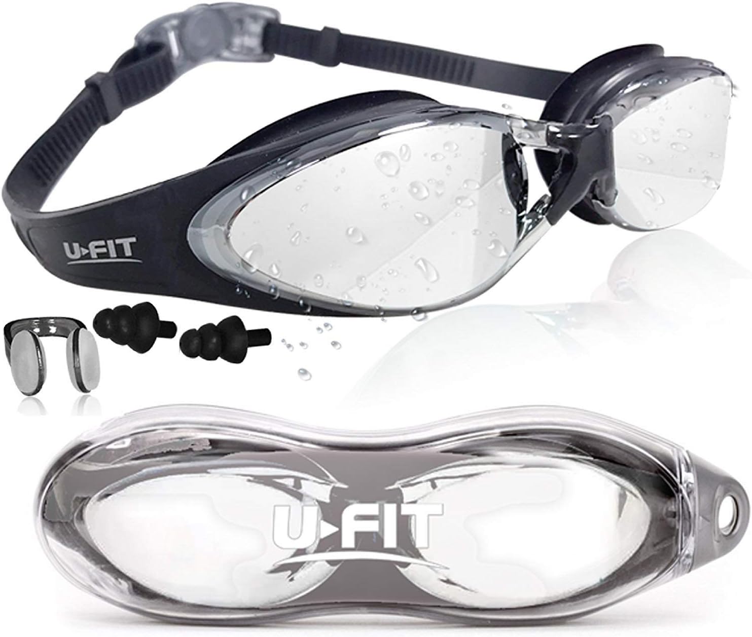 Swim Goggles | Swimming Goggles For Men Women Adults - Best Non Leaking Anti-Fog UV Protection Clear Vision - Free Goggle Case Nose and Ear Plugs Black Mirrored | U-FIT