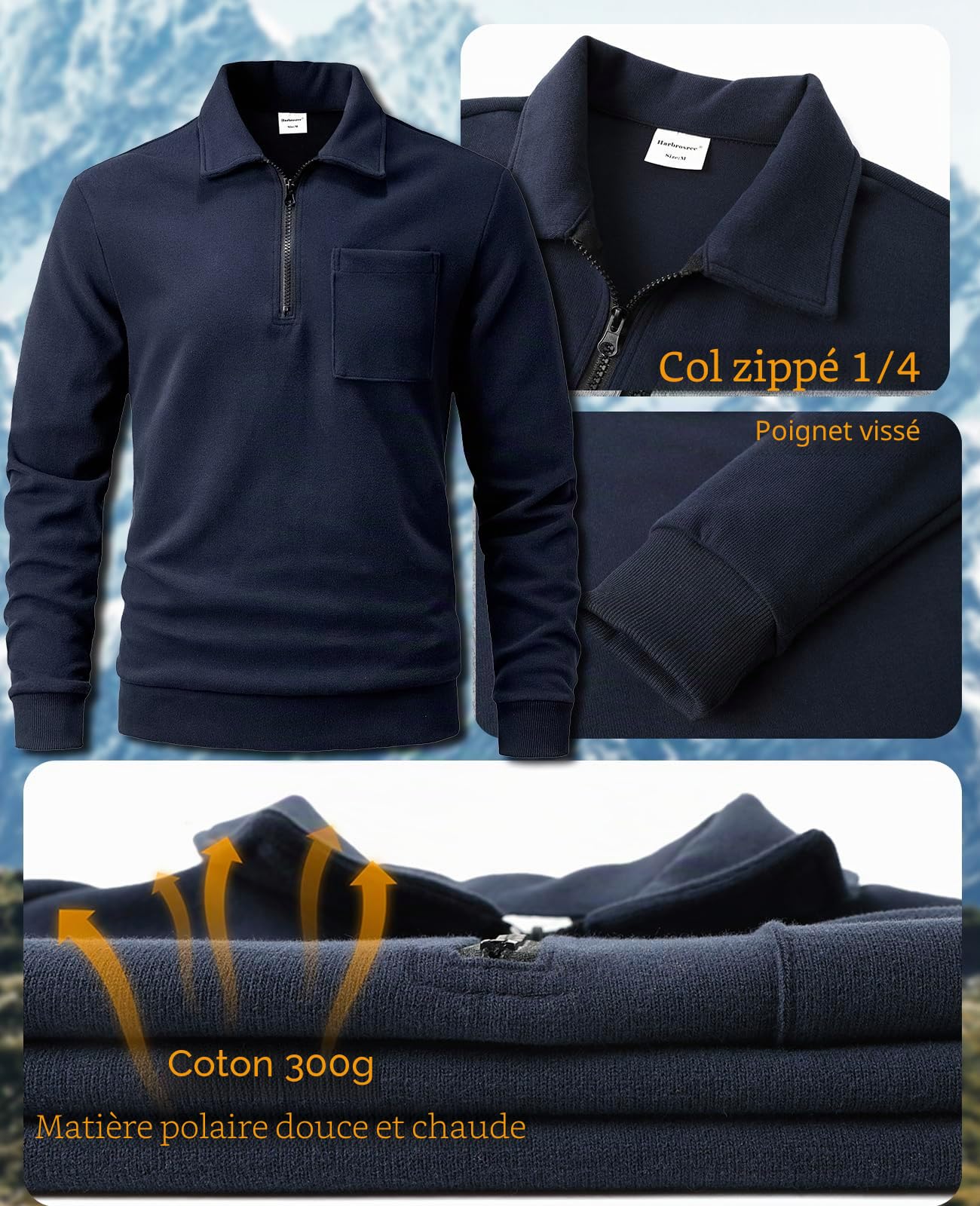 Homme Sweatshirt en Micro Fleece Polaire à Manches Longues Chaud Maillot de survêtement et Fermeture éclair French Terry Sweat Coton Pull-Over Automne Hiver