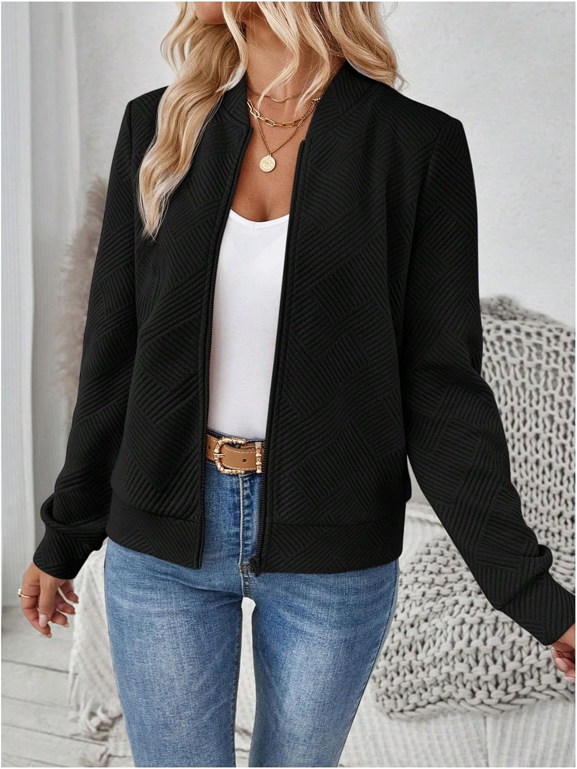 Verdusa Women's Zip Up Bomber Jacket Casual Long Sleeve Textured Lightweight Coat Business Casual Outfits Spring Fall Clothes - Image 6