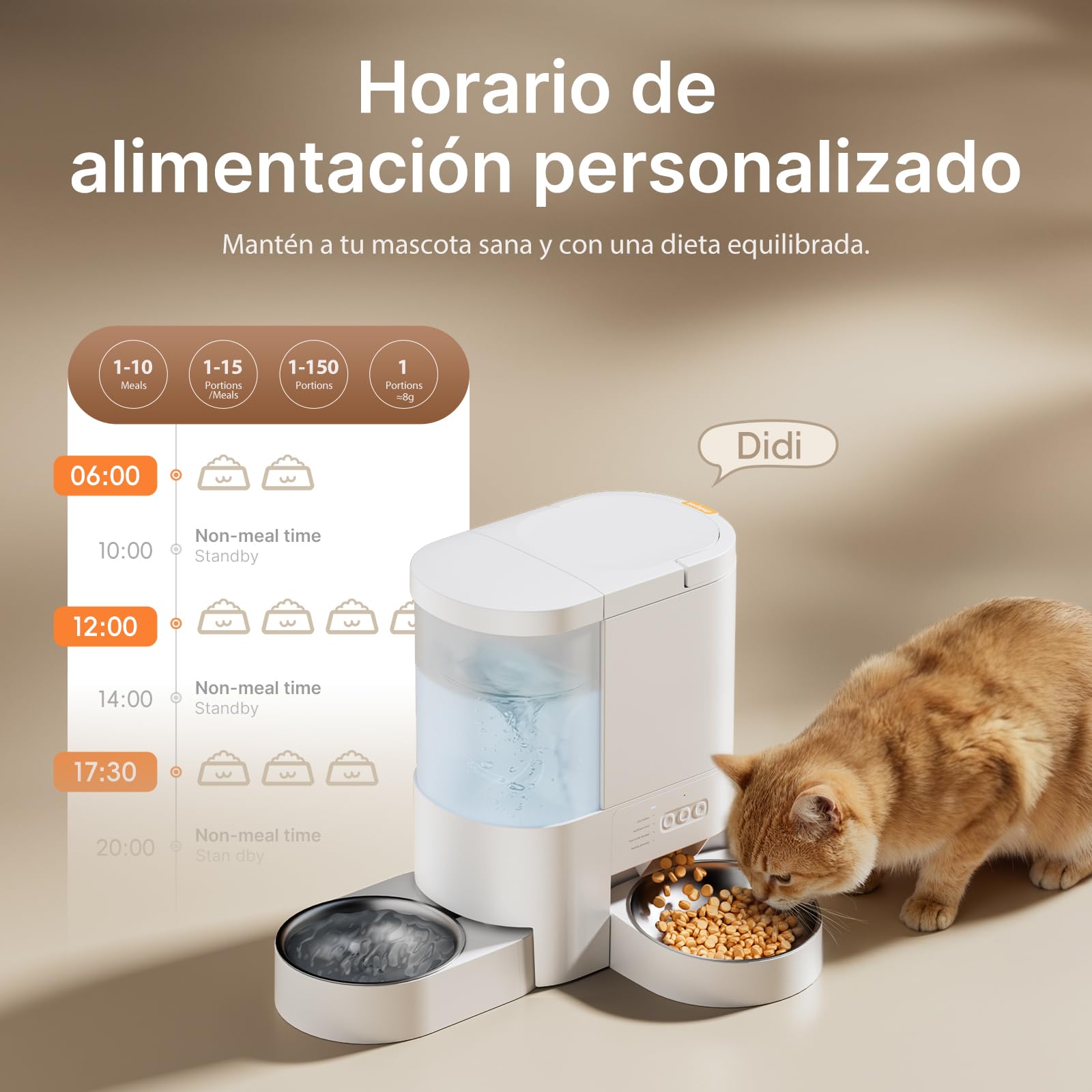 Comedero Automático y para Agua Gatos 2 en 1, WiFi 5G App, 4L Comida y 3L Agua, Grabación de Voz, 10 Comidas Programables, 1-15 Porciones, Dispensador Automático para Gatos y Perros Pequeños
