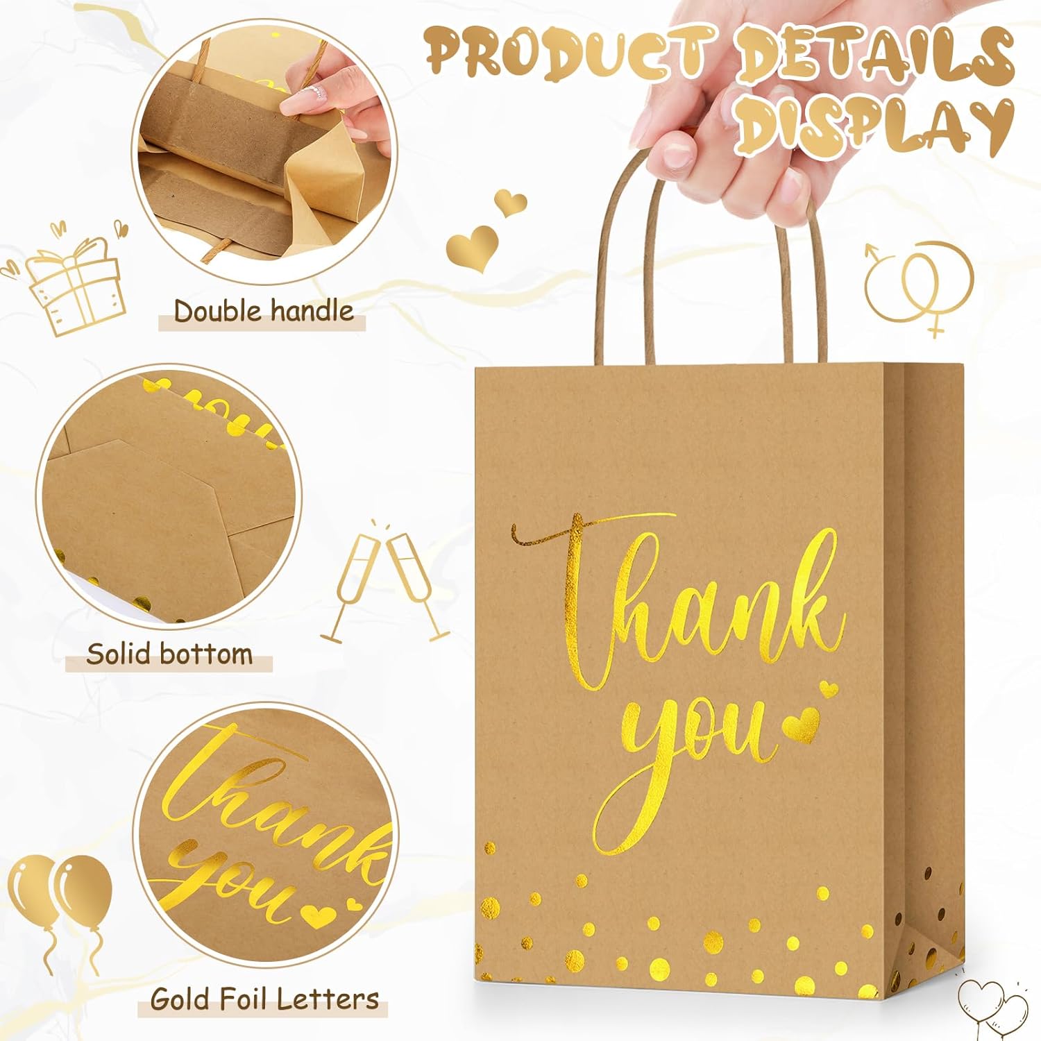 Tinlade 100 Pcs Thank You Gift Bags Bulk Paper Gold Thank You Wedding Bags with Handle for Business, Shopping, Wedding, Baby Shower, Party Favors (Brown) - Image 3