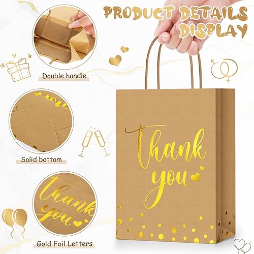 Miniatura 3 de Tinlade 100 bolsas de regalo de agradecimiento a granel de papel dorado con asa para negocios, compras, bodas, baby shower, recuerdos de fiesta