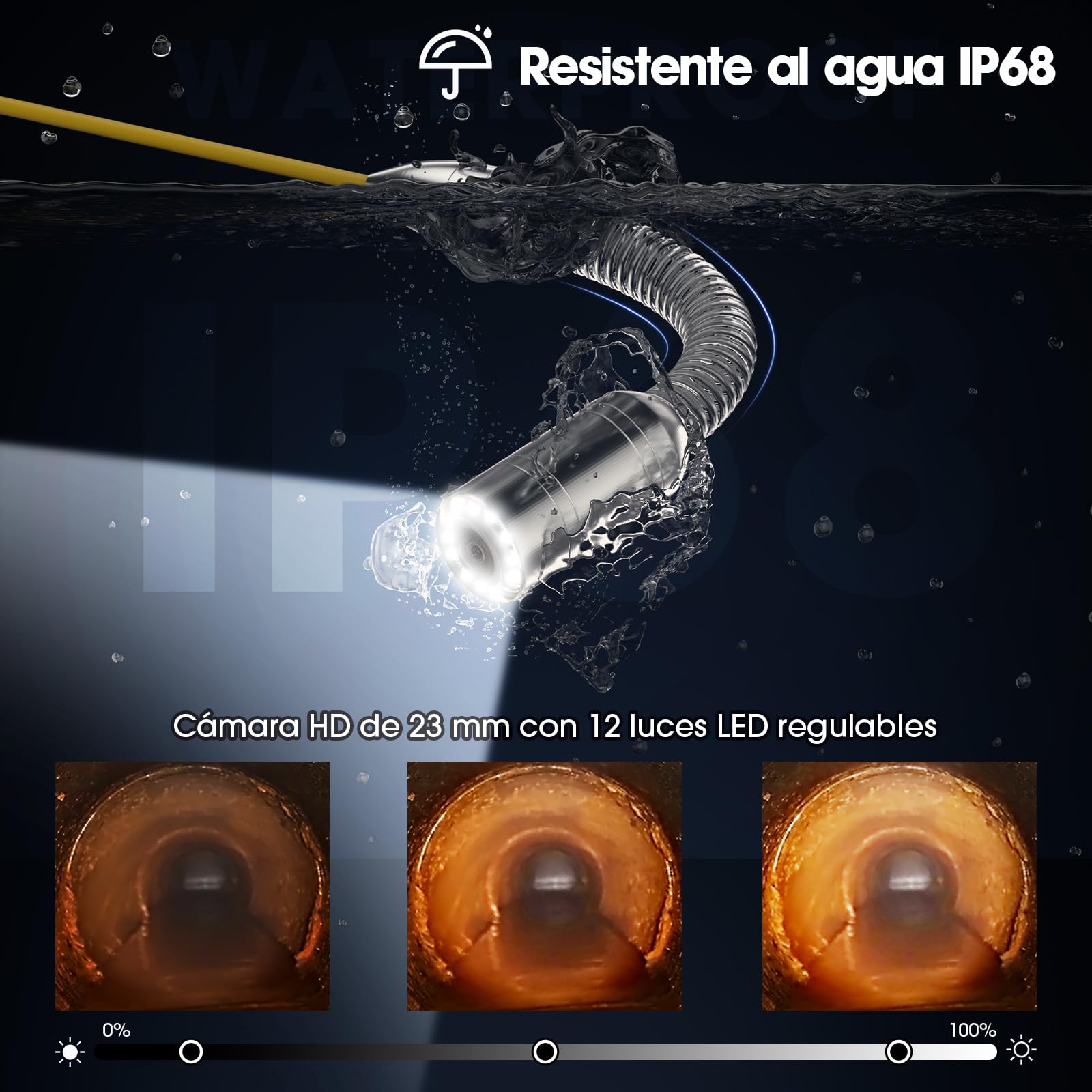 Cámara Alcantarillado 30m, cámara de inspección de tuberías de 23 mm con 12 Luces LED，Pantalla IPS DVR de 4,3 Pulgadas con Tarjeta 32GB, Endoscopio Industrial para cámara desagüe