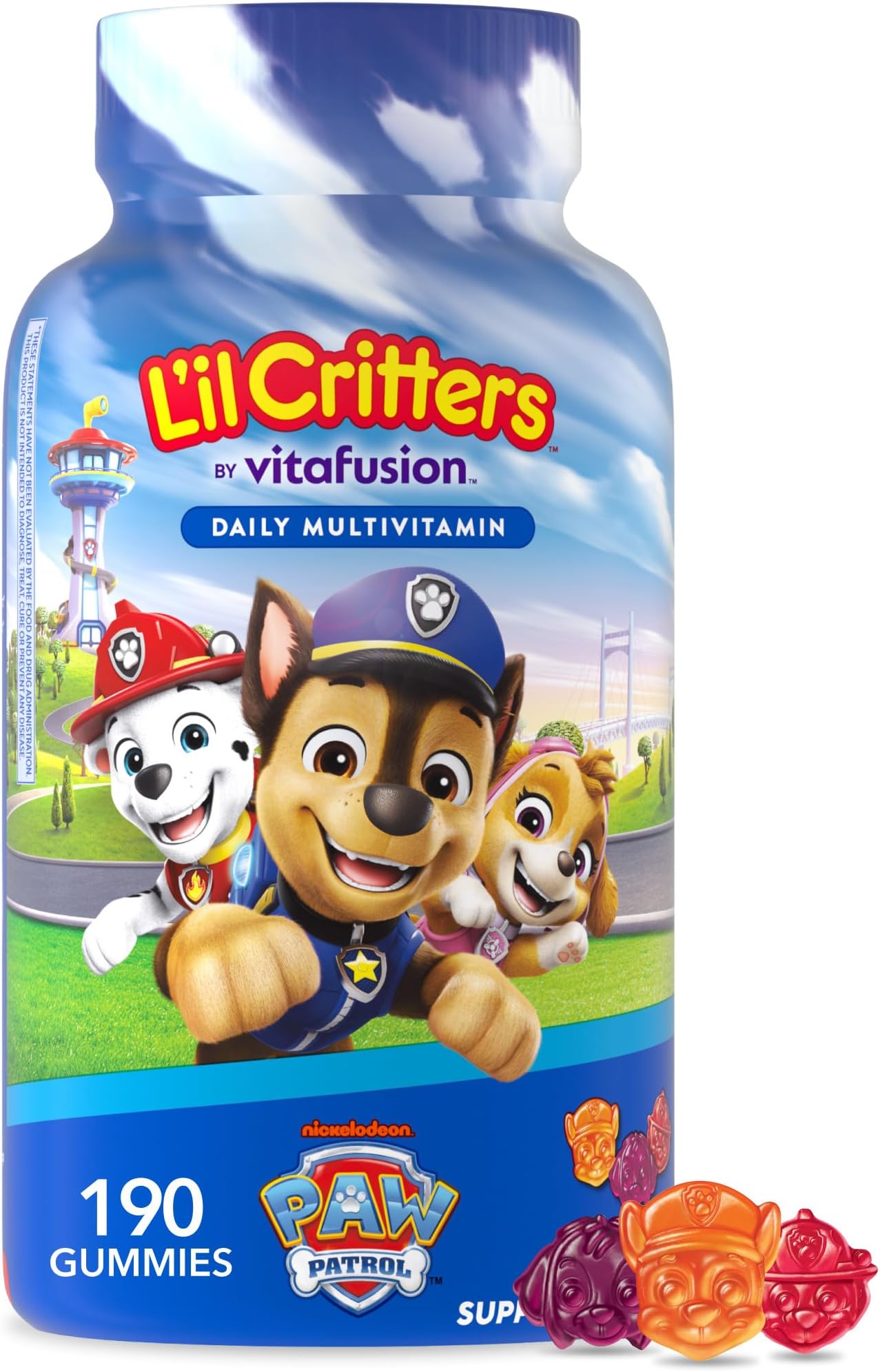 L’il Critters Paw Patrol Gummy Vites Daily Gummy Multivitamin for Kids, Vitamin C, D3 for Immune Support Cherry, Orange and Blueberry Flavors, 190 Gummies