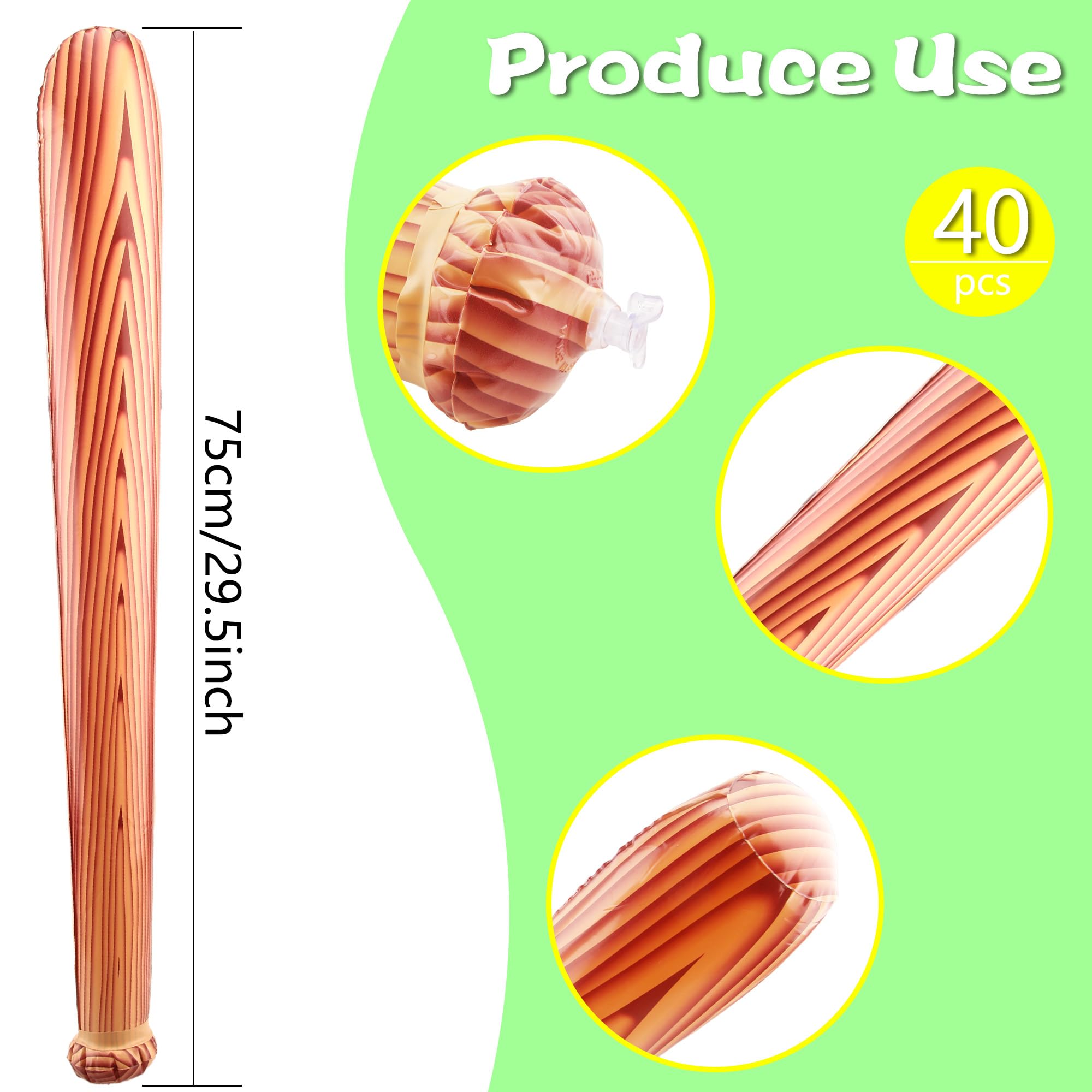 Sonarun 40 Pack 31.5 Inch Inflatable Baseball Bat Blow up Wood Grain Baseball Bat Inflates for Carnival Birthday Pool Summer Beach Baseball Party Favors