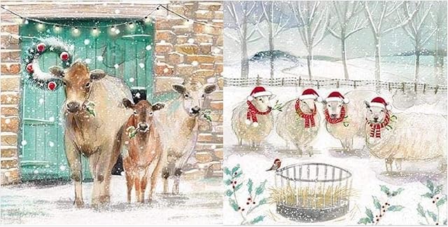 Box of 20 Artistic Charity Christmas Cards (GBCC-ATBX0174) - 20 Cards, 10 Each of 2 Designs - Cow in Barn and Snowy Sheep - Sold in Aid of Shelter