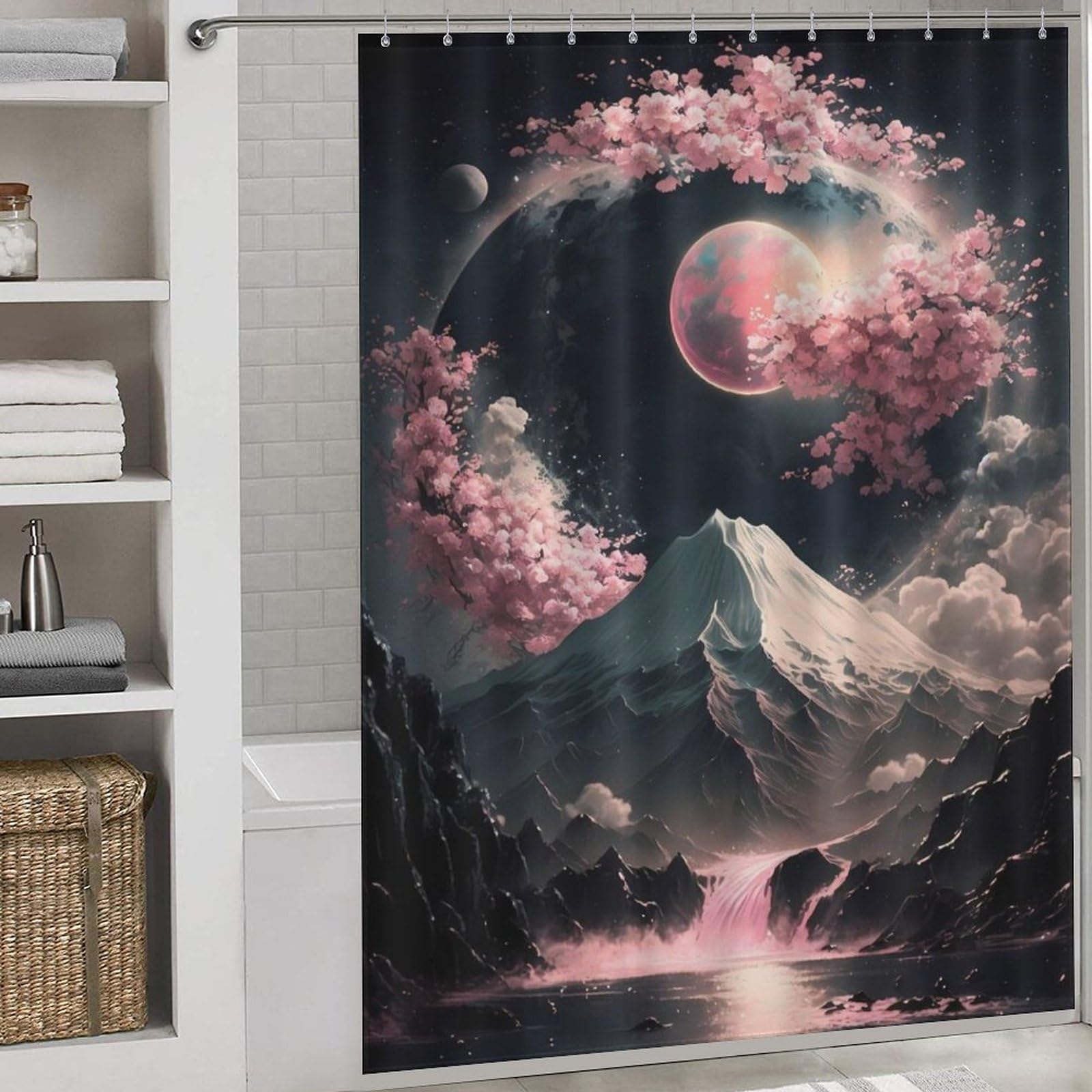 Rideau de douche néon style japonais pour créer une ambiance spa moderne dans votre bain