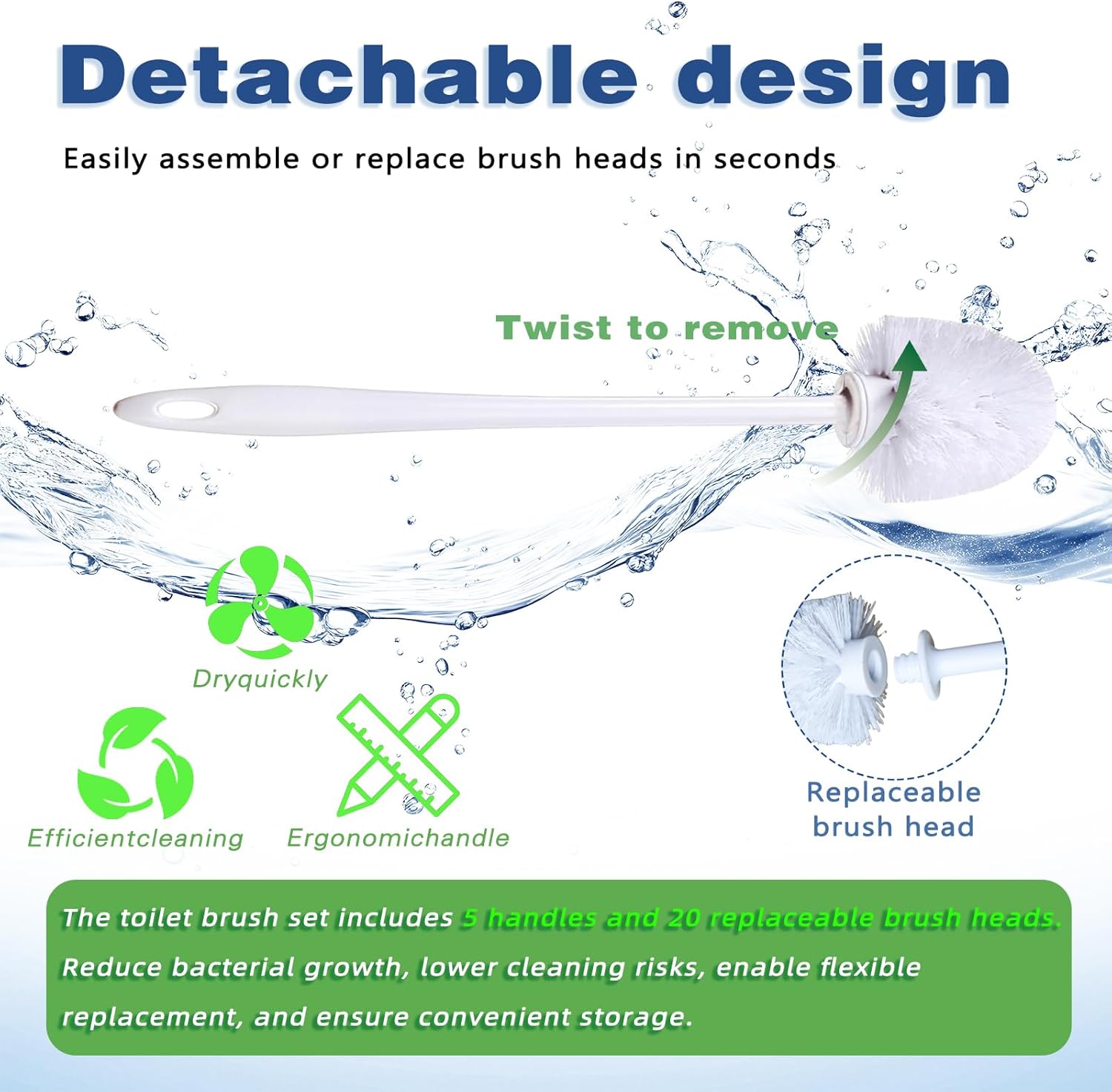 14.2 Inch Toilet Brushes White 5 Handles with 20 Replaceable Brush Heads Disposable Toilet Brush Set Bathroom Cleaning Brush Soft Bristle Long Handle Plastic Toilet Scrubber
