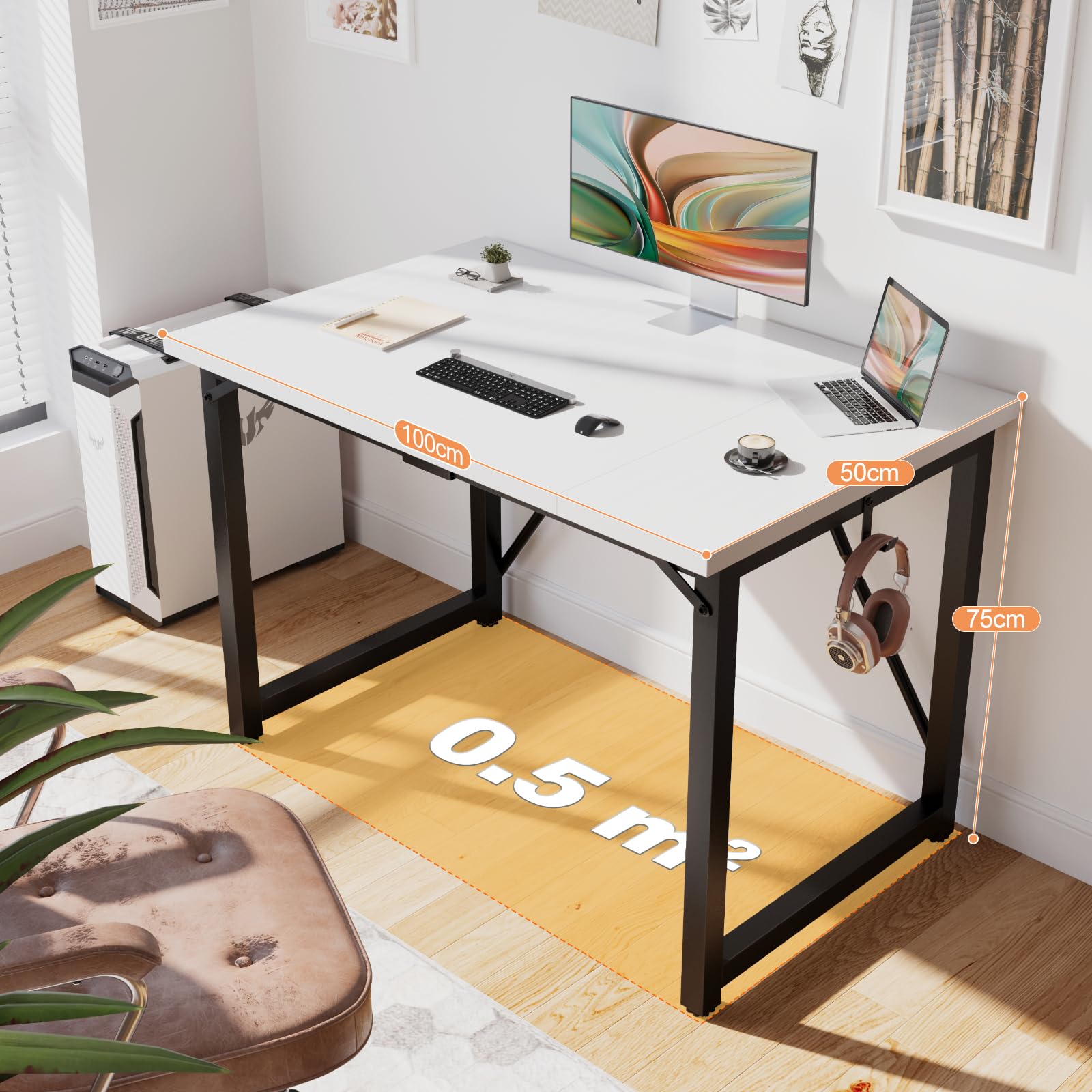 Devoko Escritorio pequeño para Ordenador, 100 x 50 x 73 cm Escritorio, Mesa de Oficina en casa, Escritorio para Ordenador portátil, Mesa de Diseño Industrial Blanco