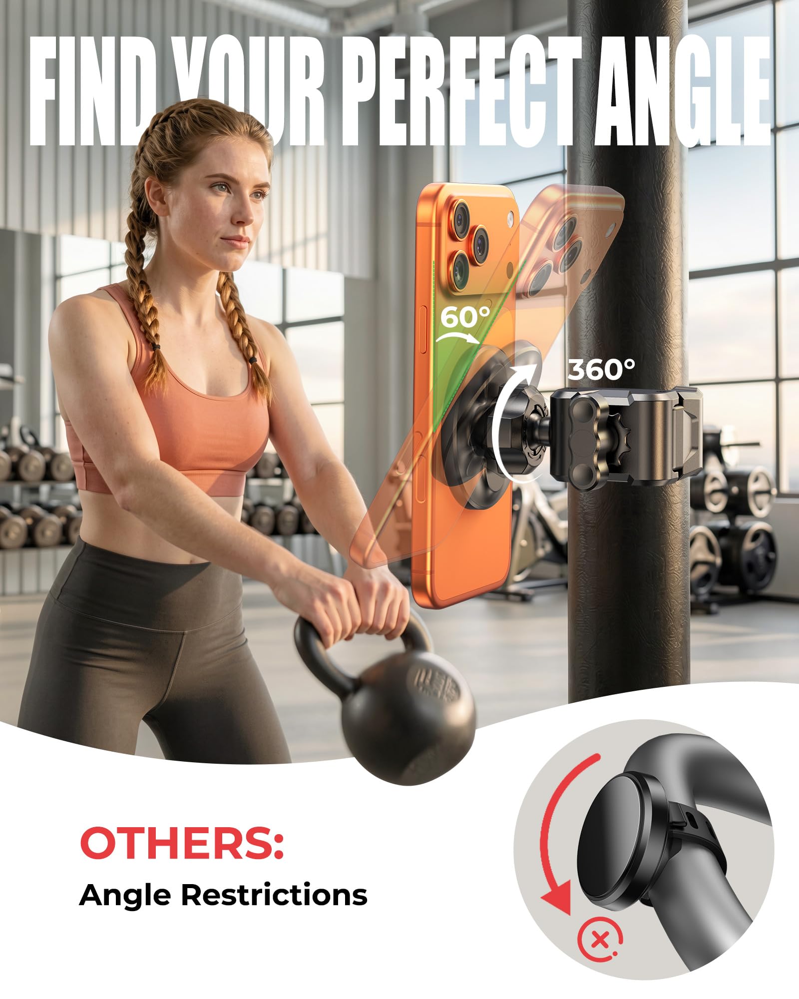 Soporte magnético para teléfono para cochecito de gimnasio con abrazadera, 16 soportes magnéticos fuertes N55, rotación de 360° e inclinación de 60° para cinta de correr, bicicleta estática