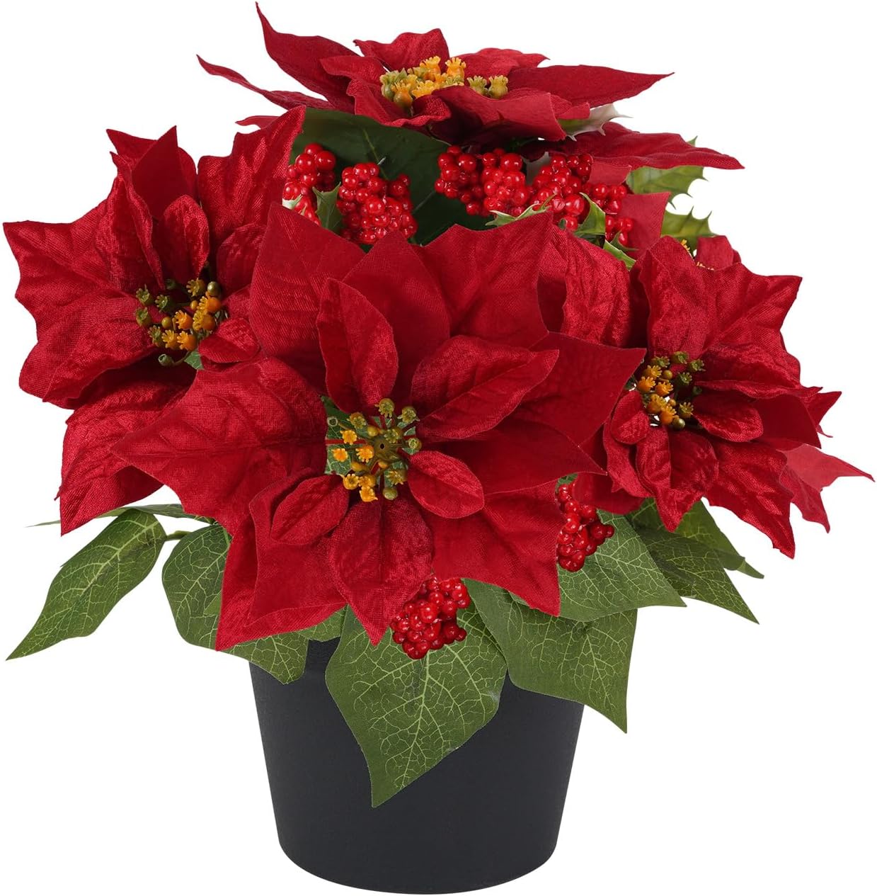 14" Artificial Poinsettias Christmas Plants with Red Berry Fake Poinsettia Flowers in Pot for Home Garden Portch Office Indoor Outdoor Christmas Decorations Red
