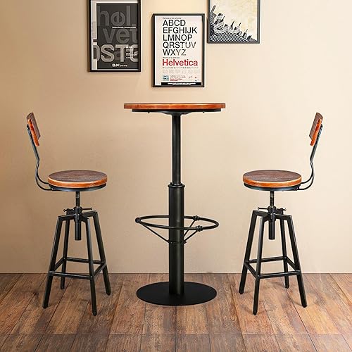Miniatura 7 de Industrial High Top Pub Table with Chairs Vintage 3 Pieces Coffee Table Set Rustic Bar Table and Stools for Kitchen Office Patio Swivel Height