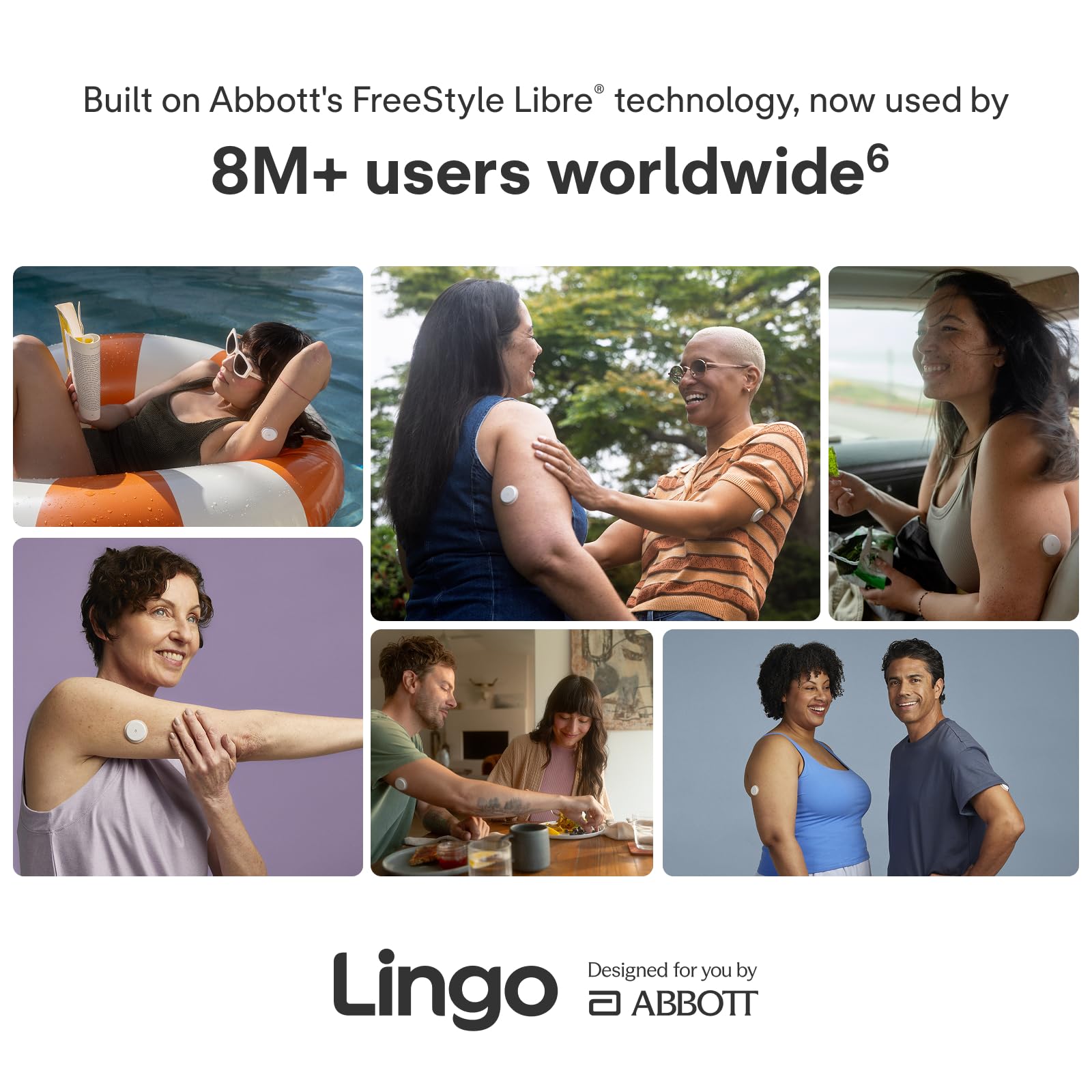 Lingo Monitoraggio continuo del glucosio (CGM) e applicazione (confezione da 2). Prodotto da Abbott. Conosci l'impatto di ciò che mangi. 1 biosensore Lingo dura fino a 14 giorni*. Progettato per