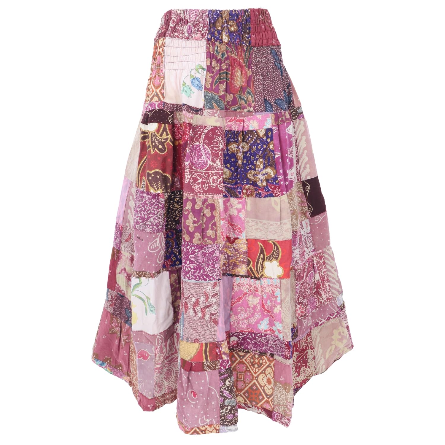 Weit schwingender upcycling Patchwork Maxirock, Boho Baumwolle, grün | Luftiger, bequemer Maxi-Rock, breiter elastischer Bund, 100% Baumwolle, einzigartiges Design, ideal für Sommer-Outfits.