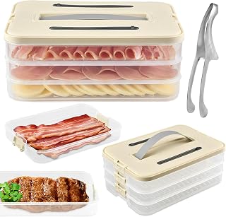 3-Tier Sandwich Meat Containers with Tongs - Ham and Cheese Container for Fridge, Stackable Deli Storage with Airtight Lids for Meal Prep