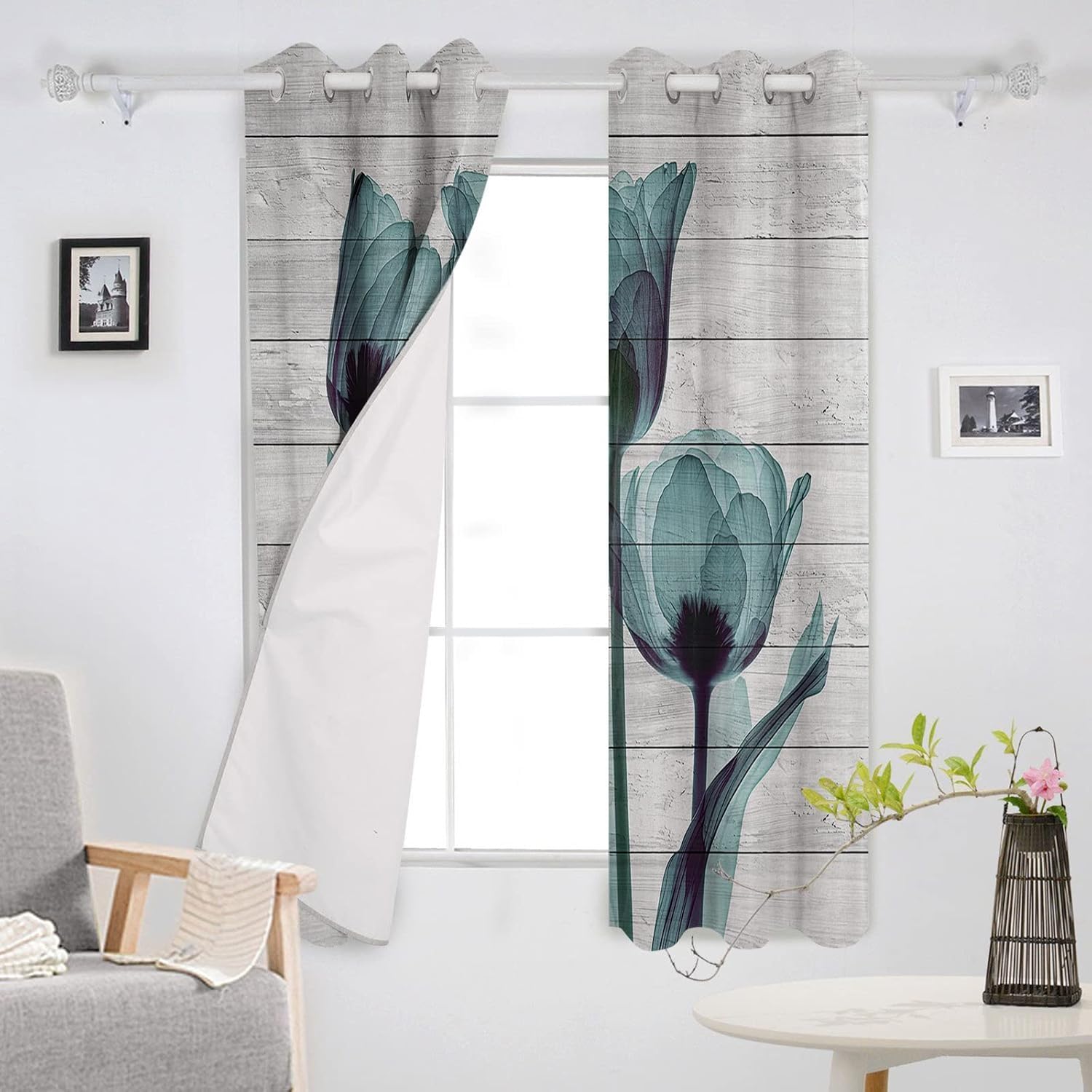 Blackout Curtain Room Darkening Drapes,Abstract Transparent Teal Turquoise Flower Tulip Wood Grain Window Curtains 42x45 inch Length for Living Room,Grommet Thermal Insulated Bedroom Curtains 2 Panels
