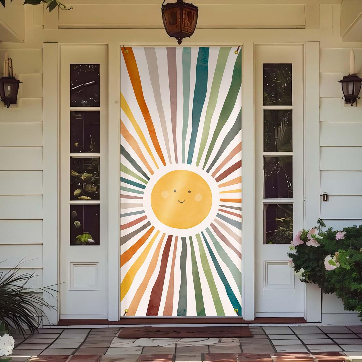 Boho Door Cover, Mid Century Modern Boho Sun Mountain Doorway Curtain, 35 * 79 Inch, Tie Top, Unlined, Indoor and Outdoor, Hallway Decor