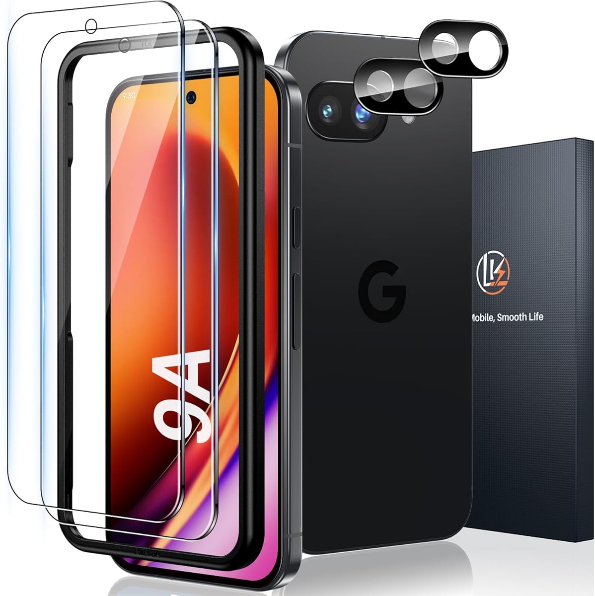 LK 2 Pack for Google Pixel 9a Screen Protector with 2 Pack Camera Lens Protector, Military Grade Shatterproof, HD Ultra-thin, 9H Hardness Tempered Glass Screen Protector for Pixel 9a, Anti Scratch