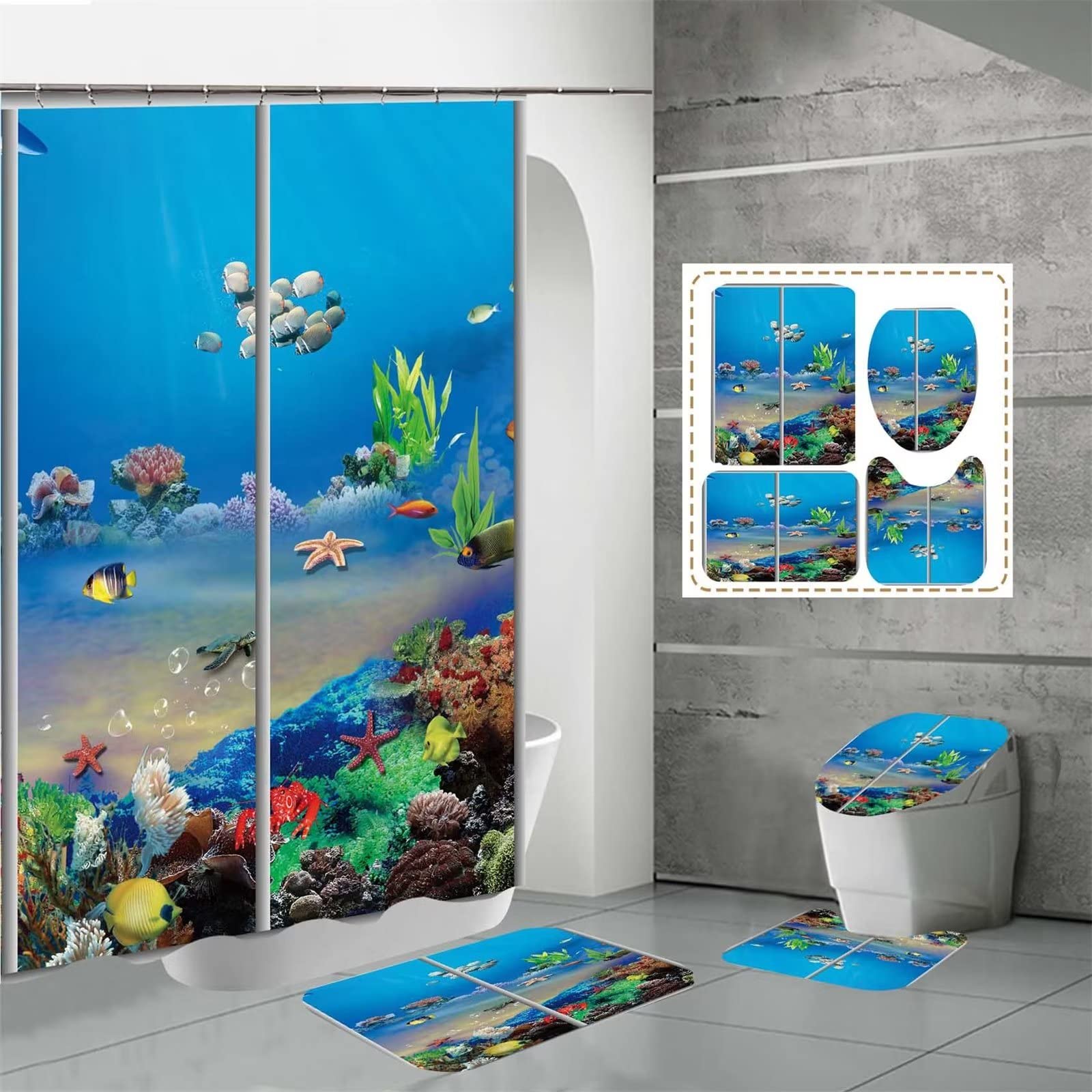 Marine life Shower Curtain Set 60inchx72inch, Waterproof Shower Curtains With Pedestal Rug/Lid Toilet Cover/U Bath Mat/Weighted 4 Set Shower Curtain With 12 Hooks for Baths Decor Gift 150x180cm Z-3984