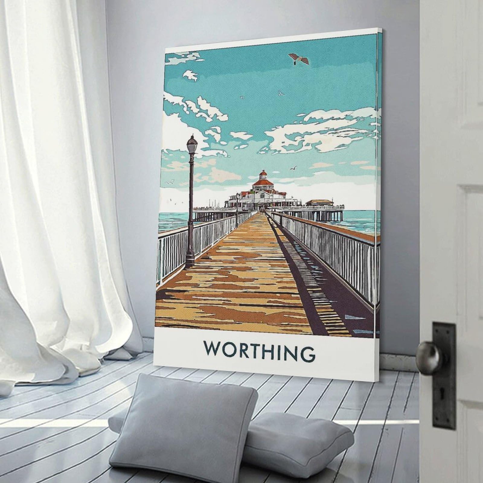 Junmoney Worthing Pier Illustration Decorative Canvas Print, 12x18inch(30x45cm), for Gallery Wall Decor And Room Displays, Wall Decor Suited to Curated Displays