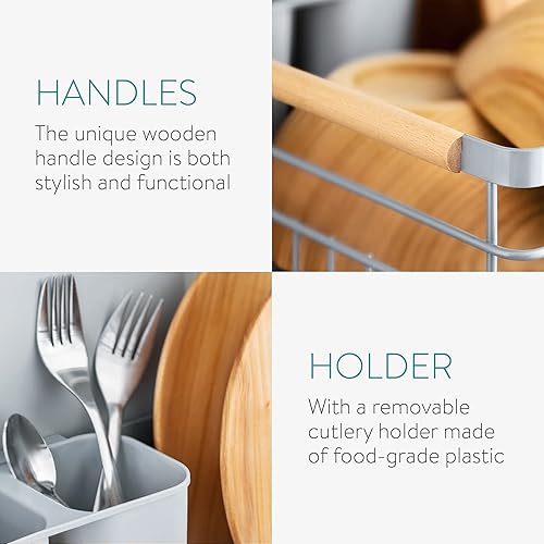 Miniatura 3 de Navaris Escurridor de platos, cubiertos, ollas y sartenes, escurridor para cocina con asas de madera de haya, bandeja de goteo de diseño retro